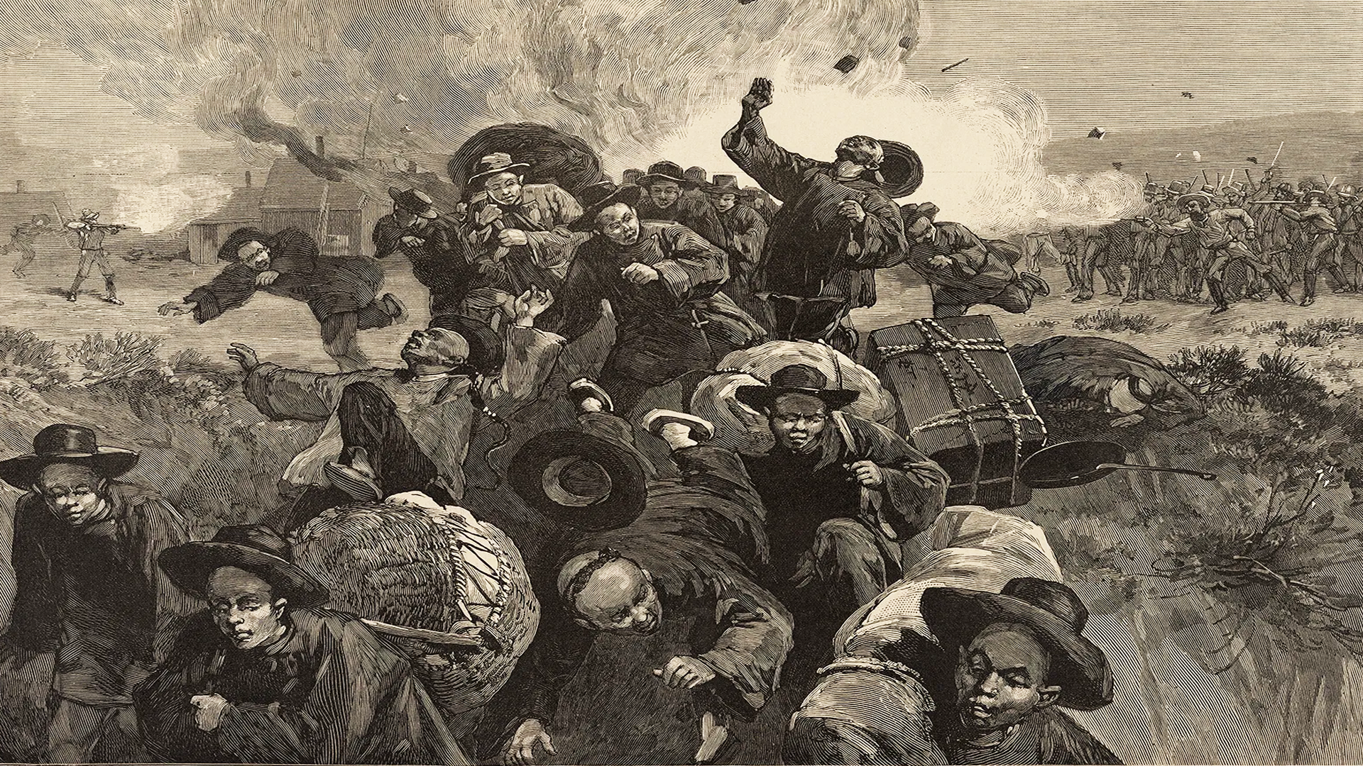 Illustration of Rock Springs' Chinatown burning during the massacre of 1885.