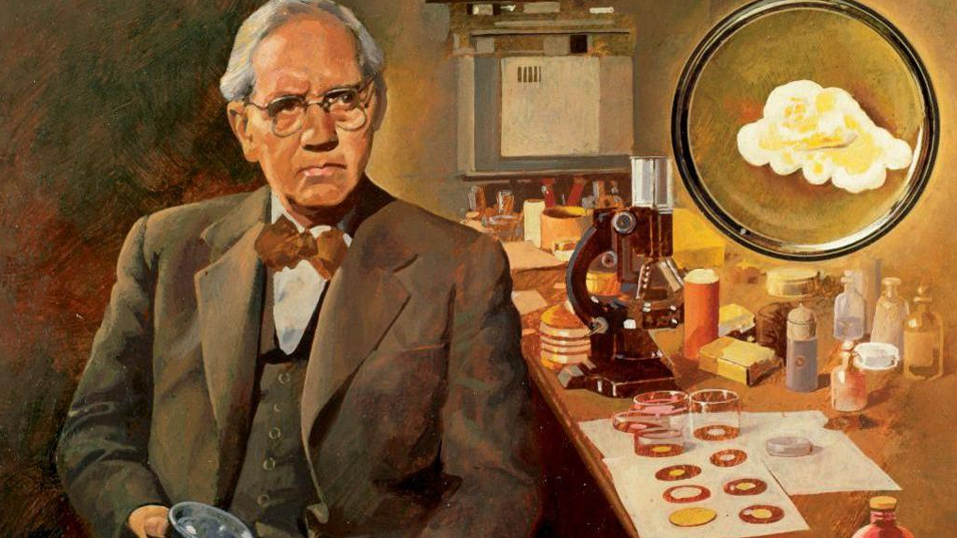 Alexander Fleming and a Petri dish showing a clear ring where Penicillium mold inhibits bacterial growth.