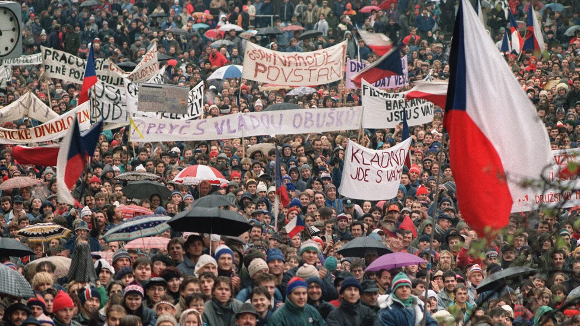 Mass crowds gathering in Prague during the Velvet Revolution in 1989.