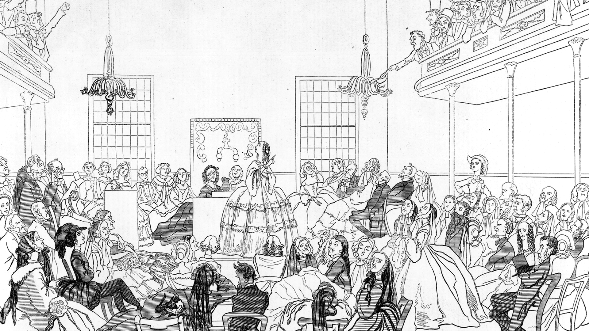 Illustration of the 1850 National Women’s Rights Convention in Worcester, Massachusetts, showing women and men gathered in Brinley Hall.