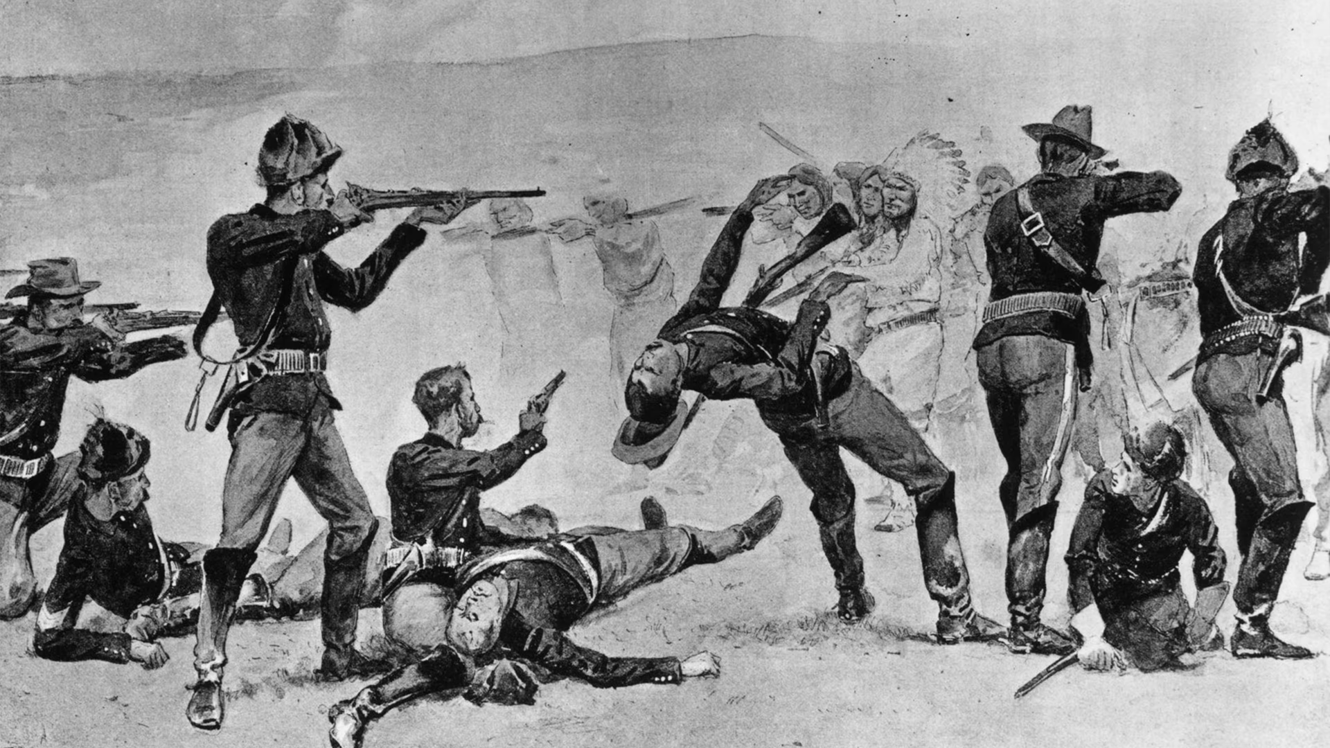 U.S. Army soldiers surrounding Lakota men, women, and children at Wounded Knee Creek on the Pine Ridge Reservation in 1890