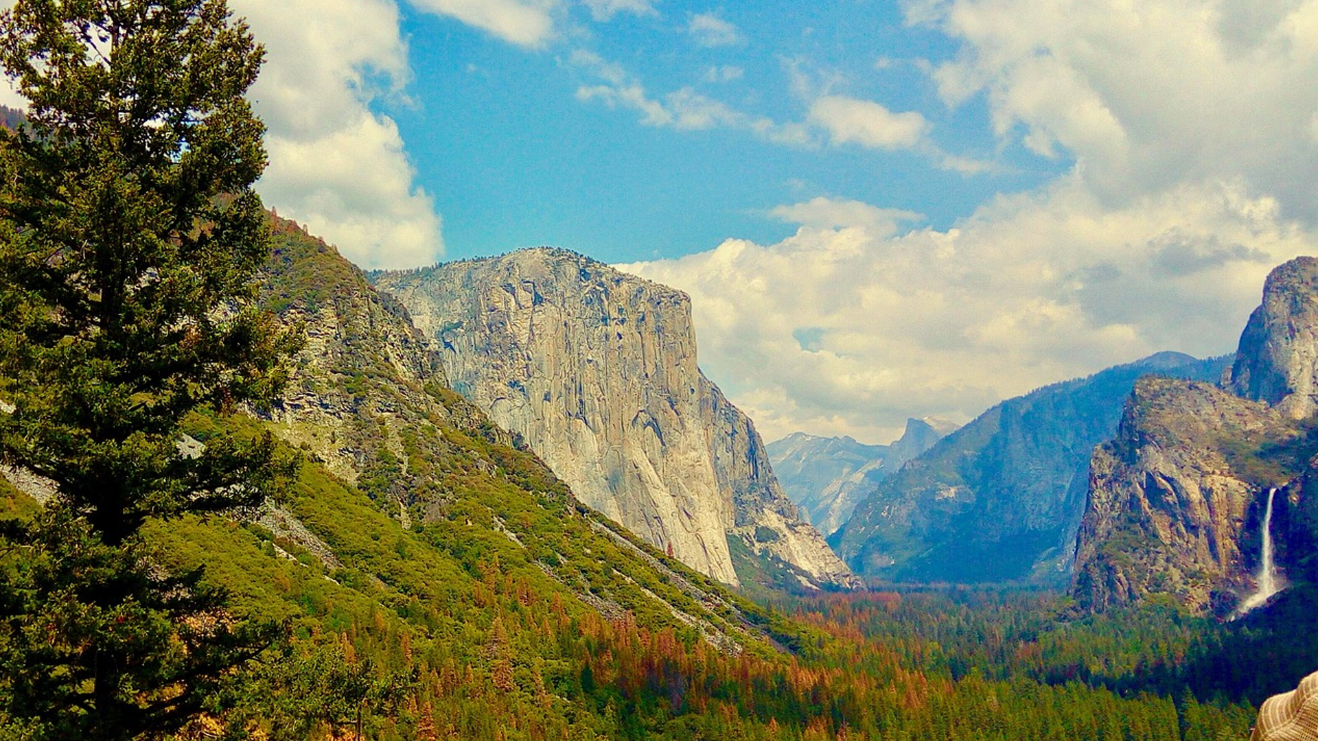 Half Dome and the Yosemite Valley with forests and waterfalls surrounding granite cliffs.