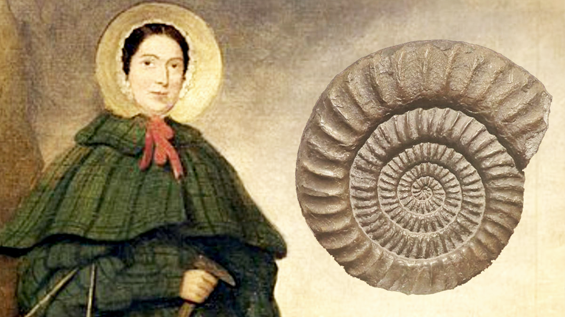 Mary Anning standing on the cliffs of Lyme Regis with her dog Trey, holding a fossil hammer and basket of ammonites.