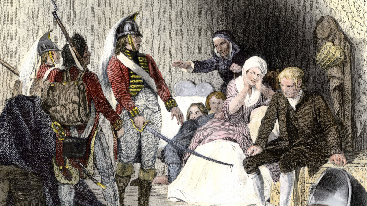 Illustration of British redcoats being quartered in colonial home during the 1770s.