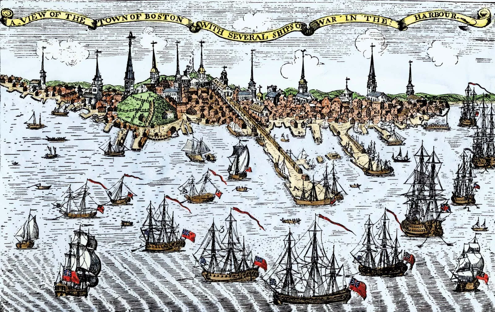 British ships enforcing the closure of Boston Harbor after the Intolerable Acts were passed.