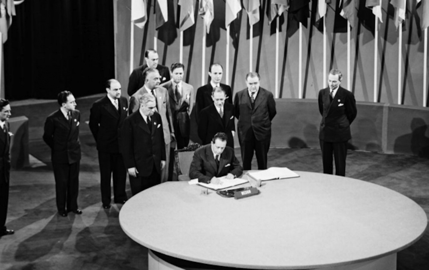 Delegates from around the world gather at the United Nations Conference in San Francisco to sign the Charter in 1945.