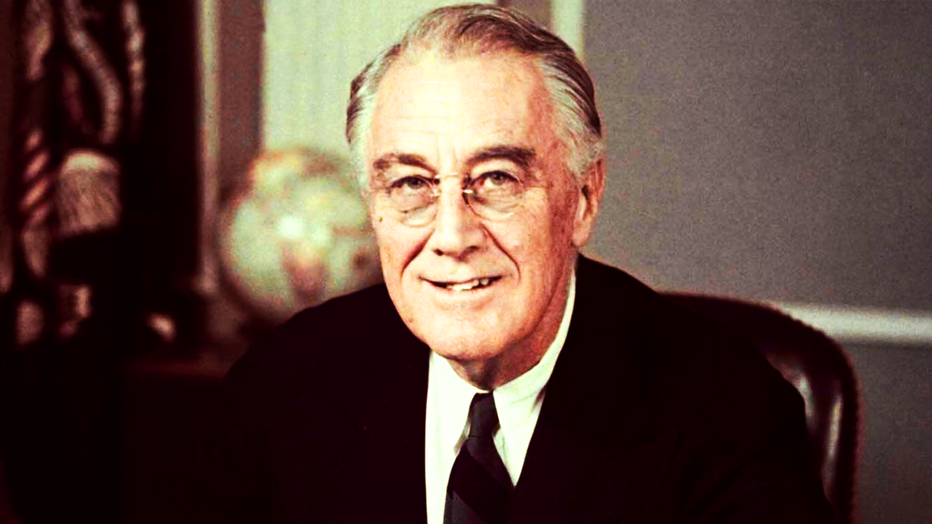 Illustration of Franklin D. Roosevelt delivering a fireside chat with one hand on the radio and the other pointing to a globe.