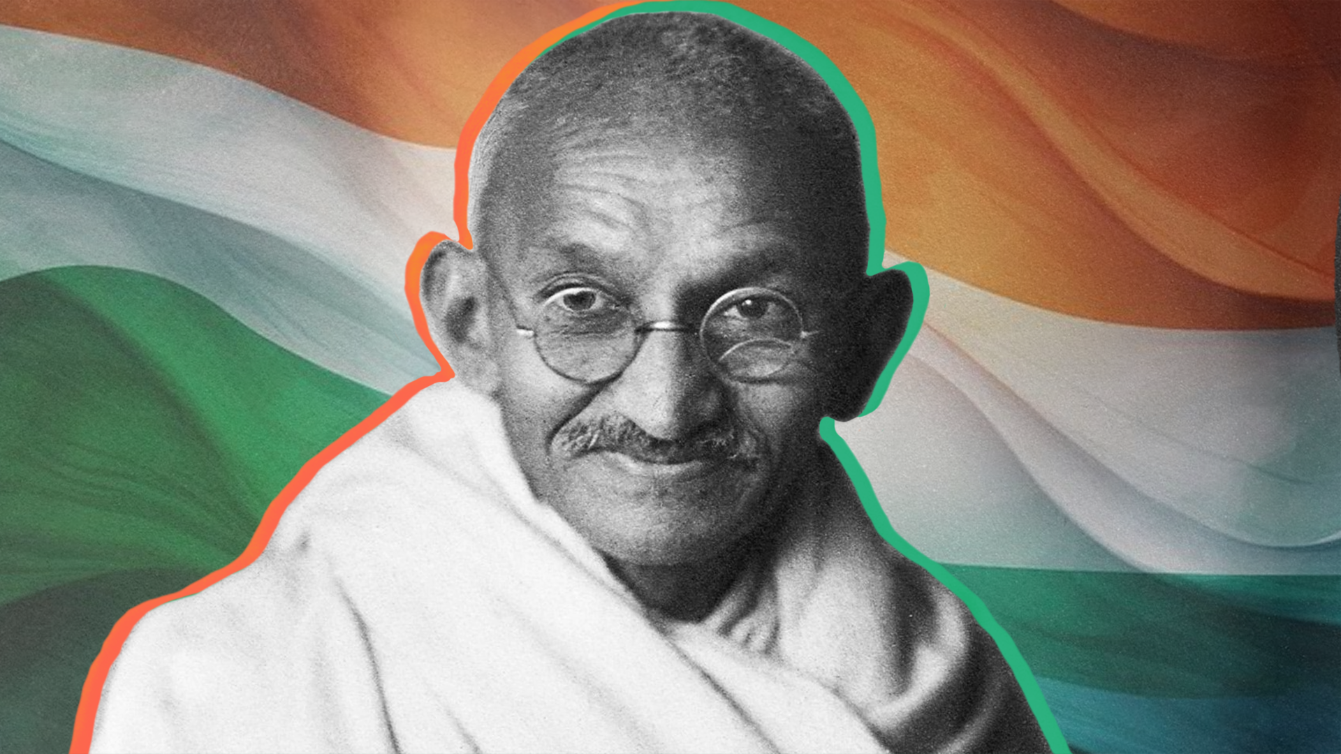 Illustrated portrait of Mahatma Gandhi leading the Salt March with a walking stick, wearing a homespun shawl and surrounded by followers.