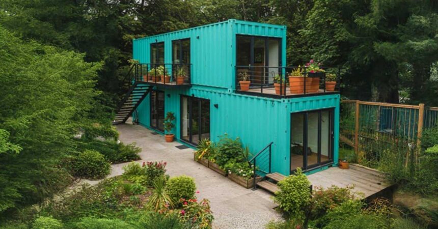 Stylish Turquoise Shipping Container House Surrounded by Nature and Plants