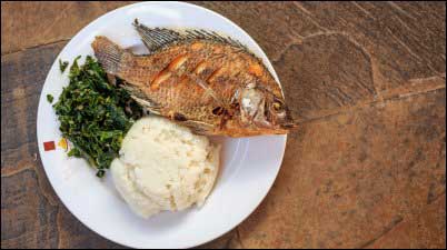 Ugali served with tilapia fish and green vegetables