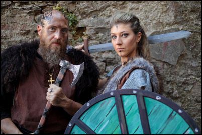 Asset id: 2226173655 Lucca, Tuscany, Italy - October 30, 2022: Two Cosplayers dressed as Ragnar and Lagertha, characters from the TV series Vikings at the Lucca Comics and Games 2022 cosplay event.