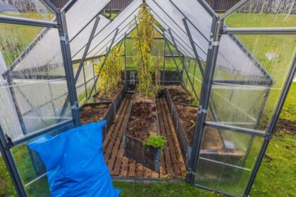 Close up view of open greenhouse during cleaning preparation for winter season.