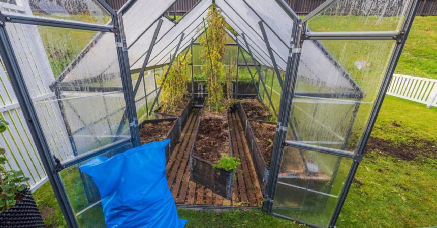 Close up view of open greenhouse during cleaning preparation for winter season.