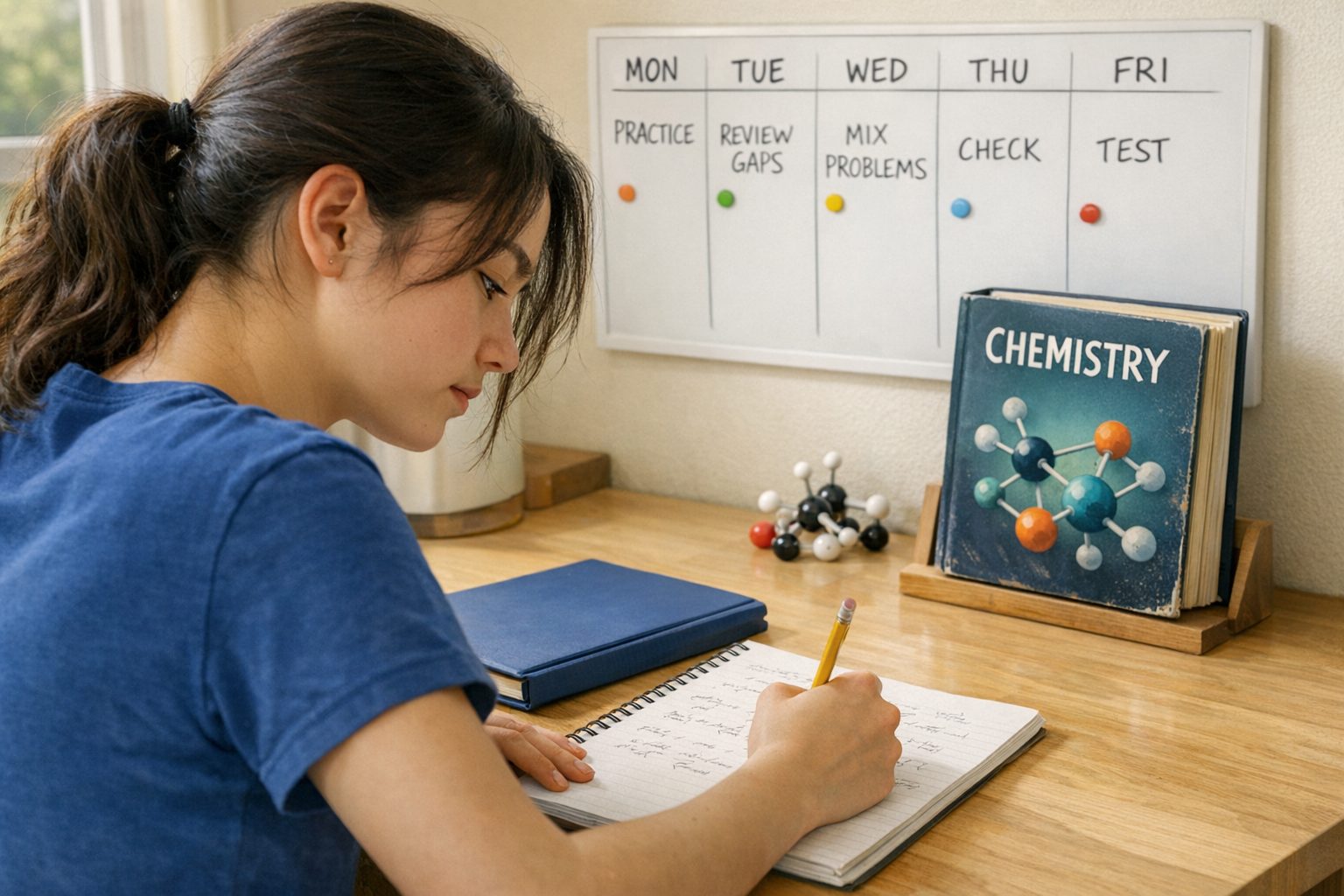 A high school student practices chemistry problems beside a weekly study plan and a chemistry textbook.