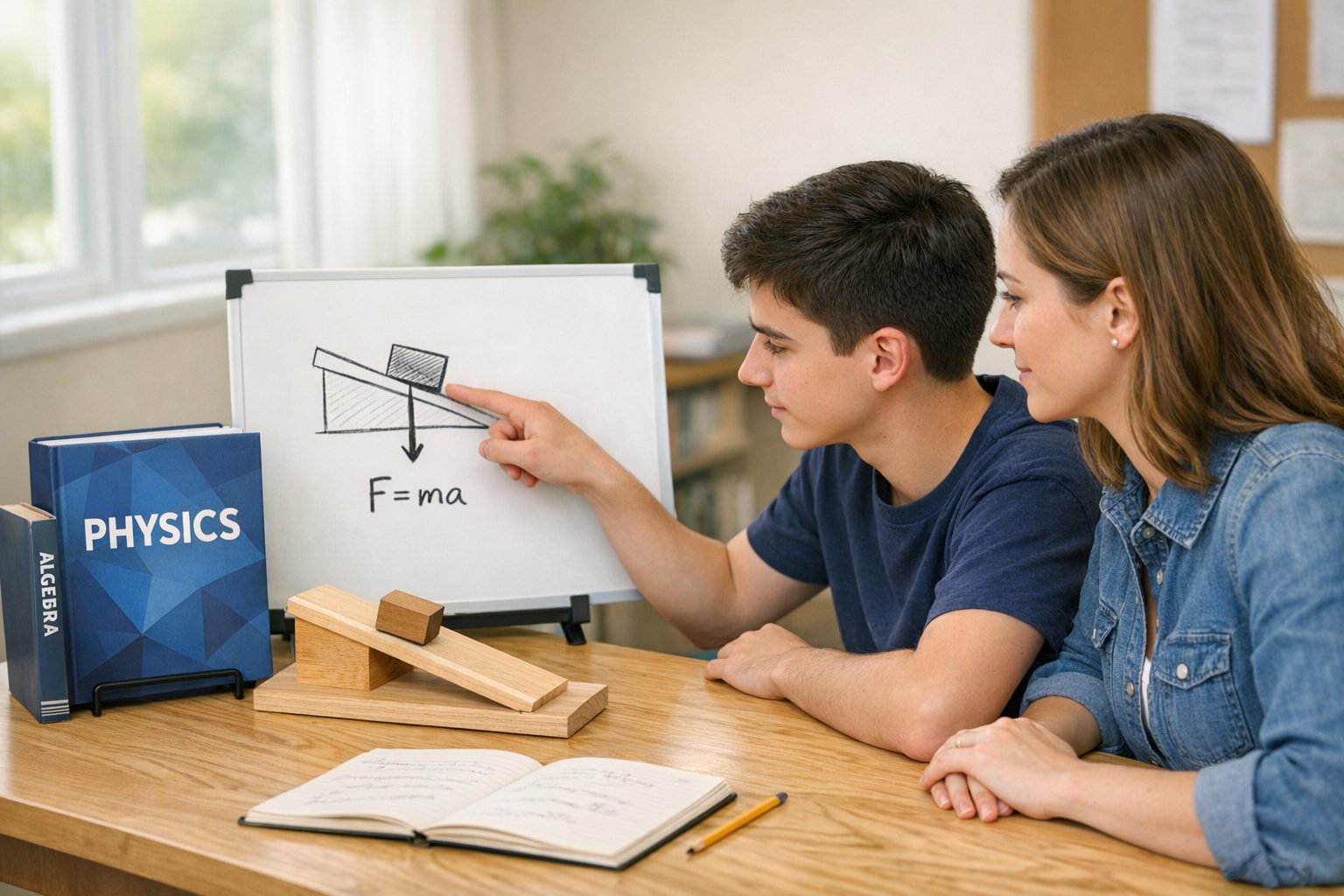 A high school student and tutor explore physics using a ramp model and a whiteboard diagram.
