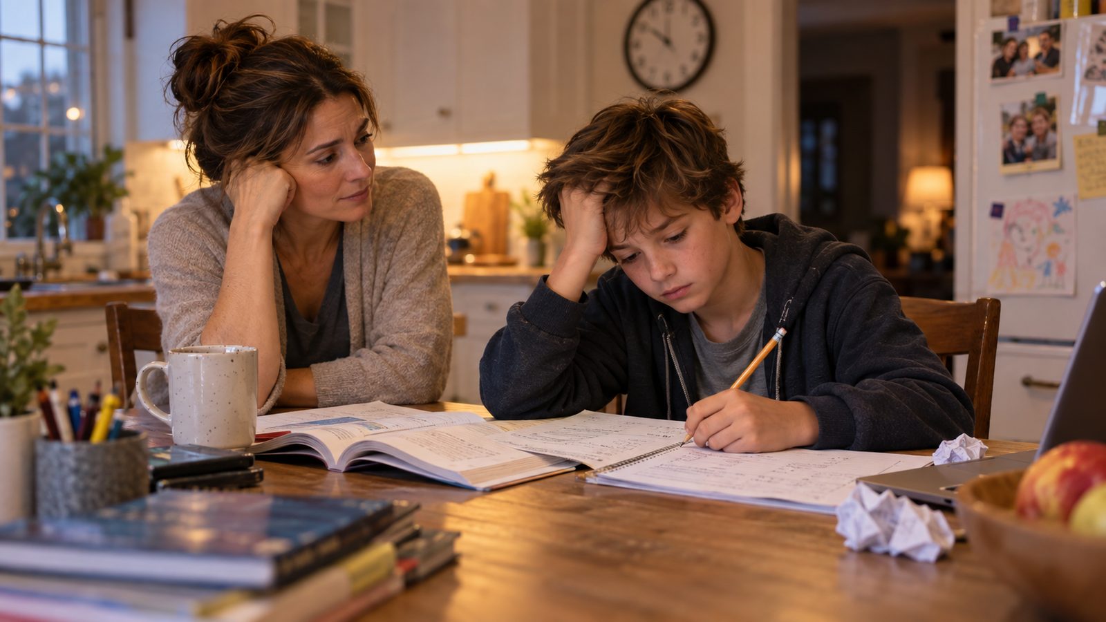 A child struggling with school work while mom is trying to help.