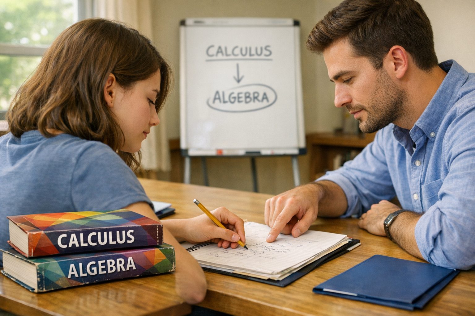 A tutor reviews a high school student's math work, with calculus and algebra books highlighting foundational skills.
