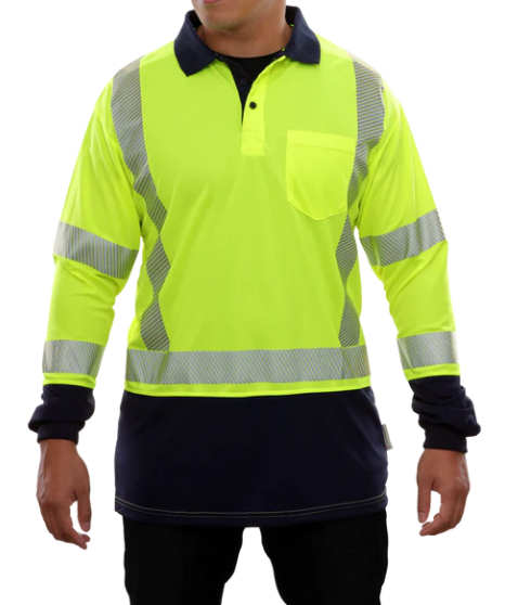 PIP® Reflective Apparel™ ANSI Type R Class 3 Long Sleeve Moisture Wicking Polo Shirt with Navy Bottom and UPF 35 Sun Protection