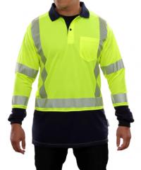 PIP® Reflective Apparel™ ANSI Type R Class 3 Long Sleeve Moisture Wicking Polo Shirt with Navy Bottom and UPF 35 Sun Protection