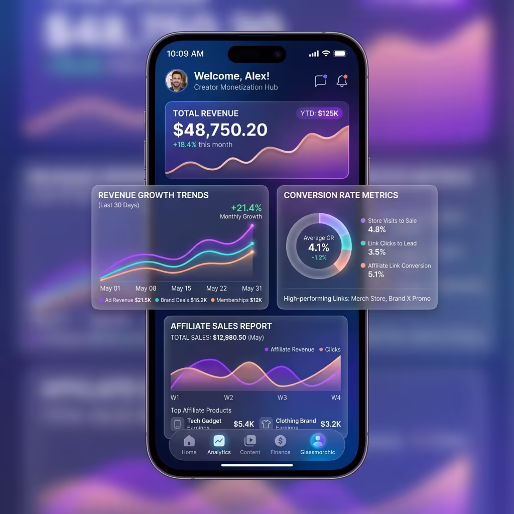 Instagram Creator Monetization dashboard mockup (Illustrative only, not typical earnings)