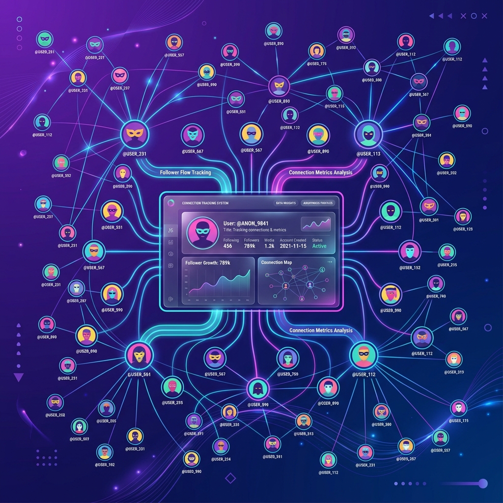 Sleek neon connection topology mapping social connections and follower statistics