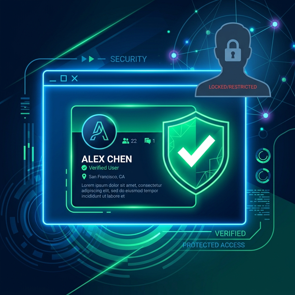 Sleek safety verification shield overlaying a verified profile card under secure browser frame