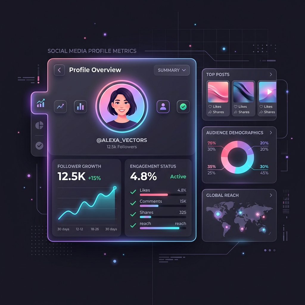 Detailed social metrics analytics dashboard showing profile overview and growth stats