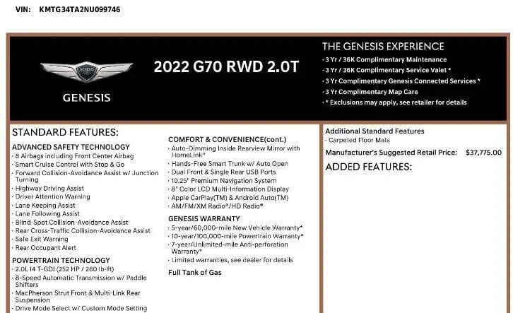 Florida Fine Cars - Used GENESIS G70 2022 MIAMI 2.0T