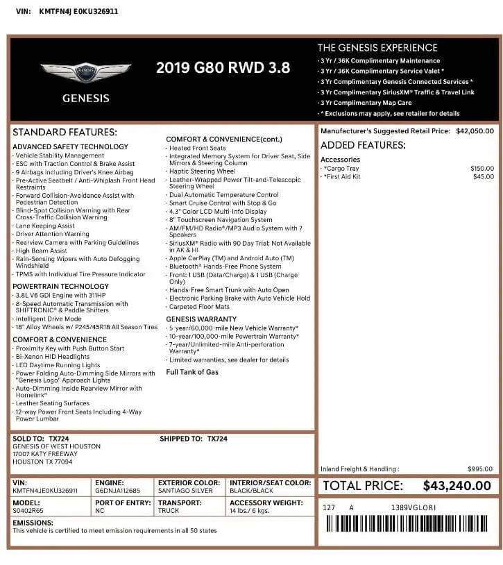 Florida Fine Cars - Used GENESIS G80 2019 MARGATE 3.8L