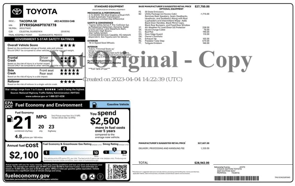 Florida Fine Cars - Used TOYOTA TACOMA 2WD 2023 WEST PALM SR