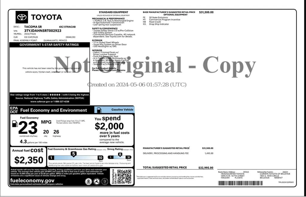 Florida Fine Cars - Used TOYOTA TACOMA 2WD 2024 WEST PALM SR