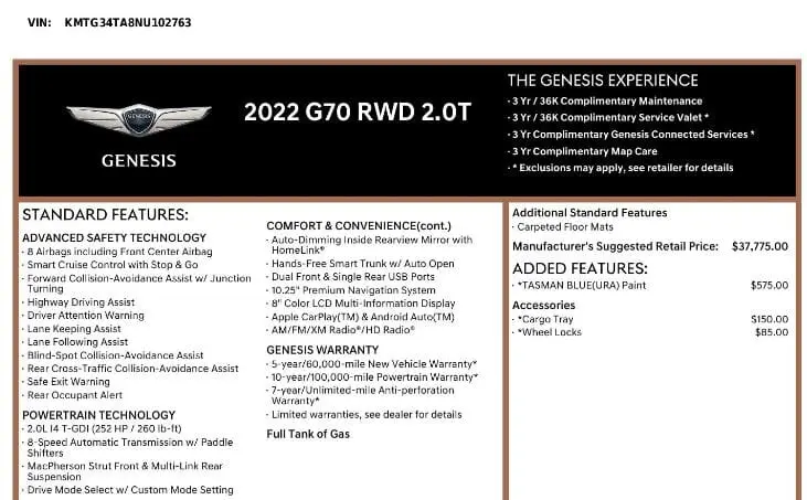 Florida Fine Cars - Used GENESIS G70 2022 MARGATE 2.0T