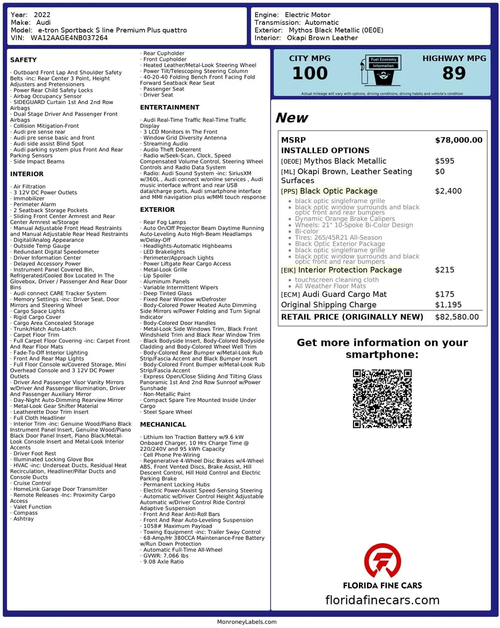Florida Fine Cars - Used AUDI E-TRON SPORTBACK 2022 ORLANDO S LINE PREMIUM PLUS