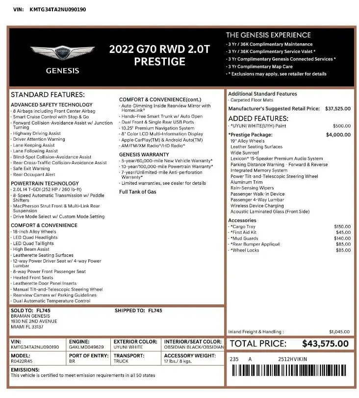 Florida Fine Cars - Used GENESIS G70 2022 MIAMI 2.0T