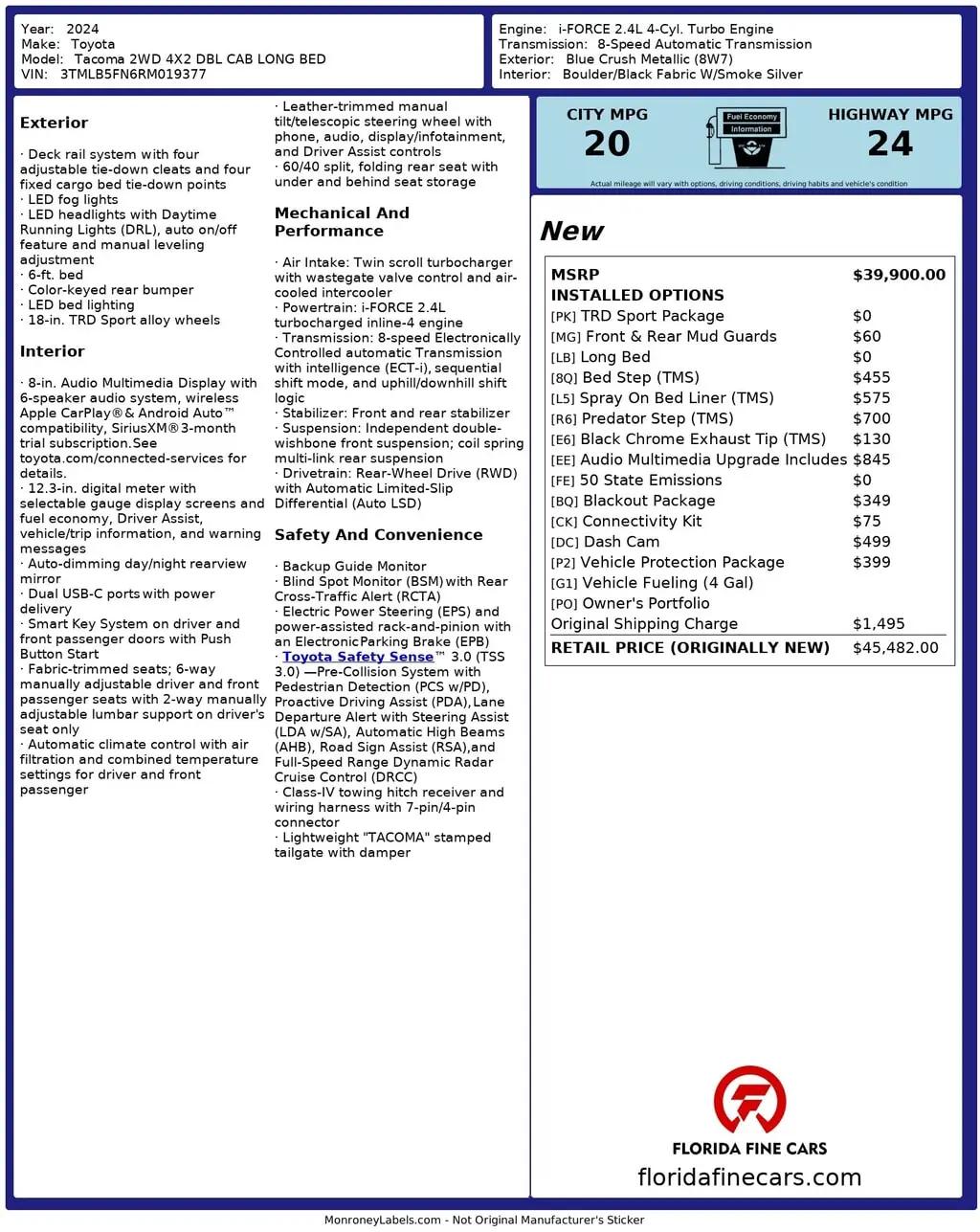 Florida Fine Cars - Used TOYOTA TACOMA 2WD 2024 MIAMI TRD SPORT