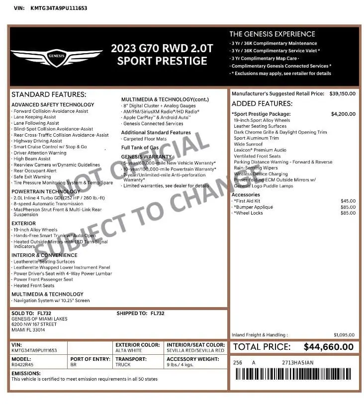 Florida Fine Cars - Used GENESIS G70 2023 MARGATE 2.0T SPORT PRESTIGE