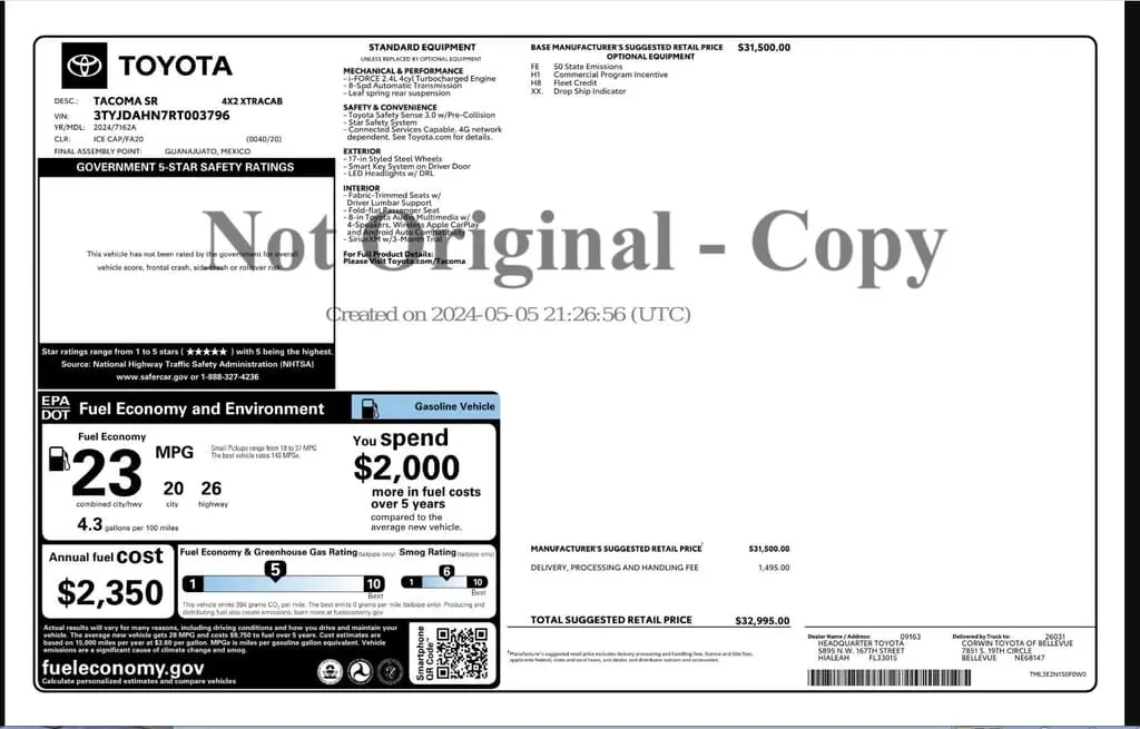 Florida Fine Cars - Used TOYOTA TACOMA 2WD 2024 WEST PALM SR