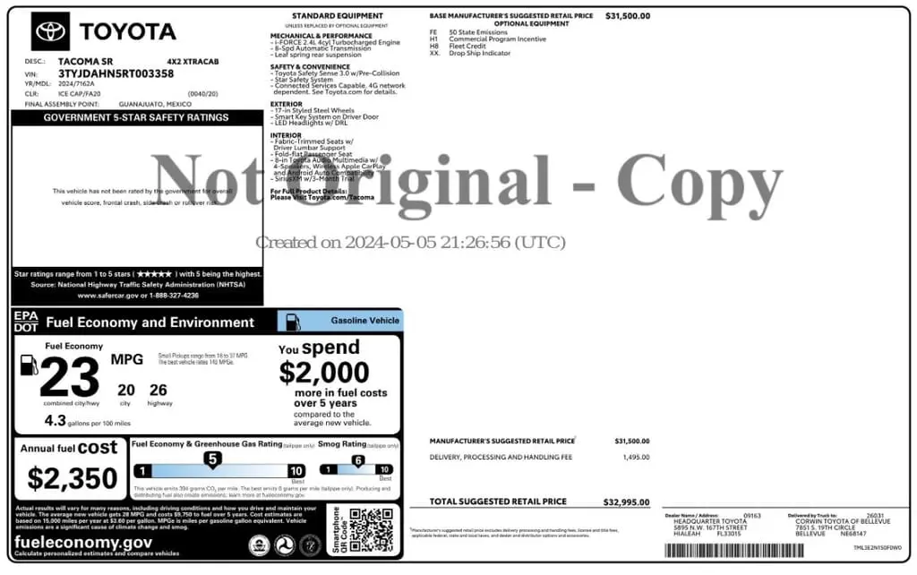 Florida Fine Cars - Used TOYOTA TACOMA 2WD 2024 MIAMI SR