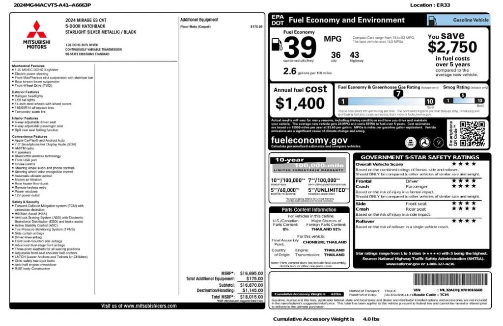 Florida Fine Cars - Used MITSUBISHI MIRAGE 2024 WEST PALM ES
