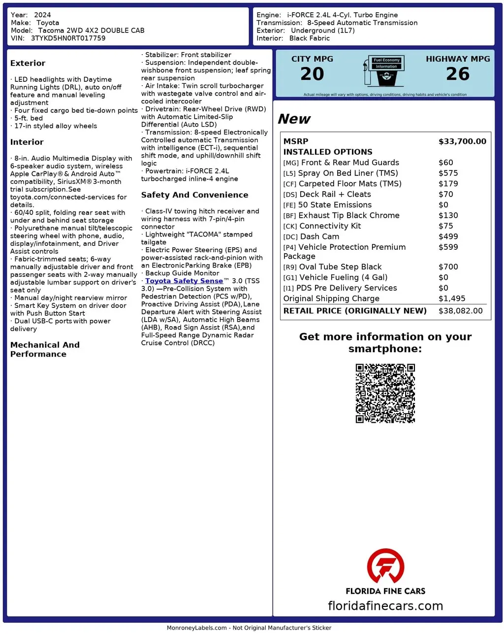 Florida Fine Cars - Used TOYOTA TACOMA 2WD 2024 WEST PALM SR