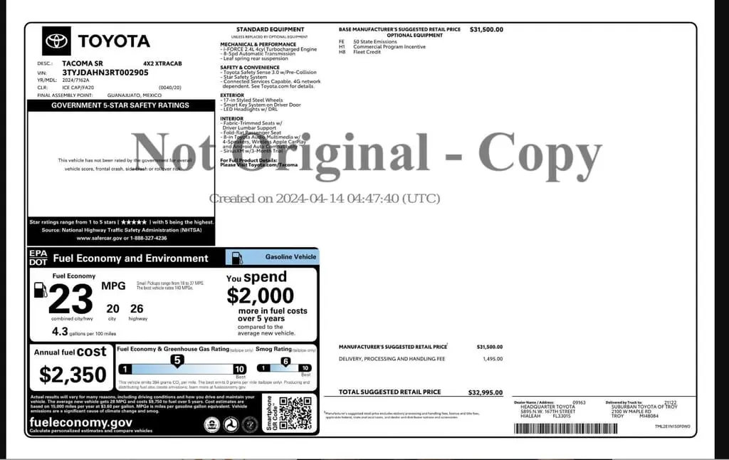 Florida Fine Cars - Used TOYOTA TACOMA 2WD 2024 WEST PALM SR