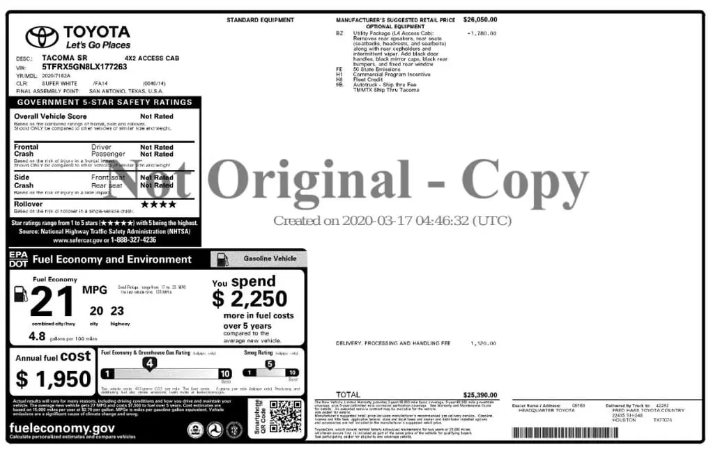 Florida Fine Cars - Used TOYOTA TACOMA 2WD 2020 MARGATE SR
