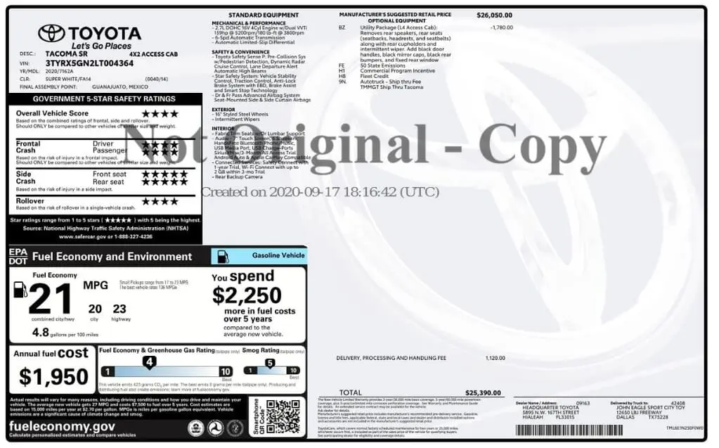 Florida Fine Cars - Used TOYOTA TACOMA 2WD 2020 MARGATE SR