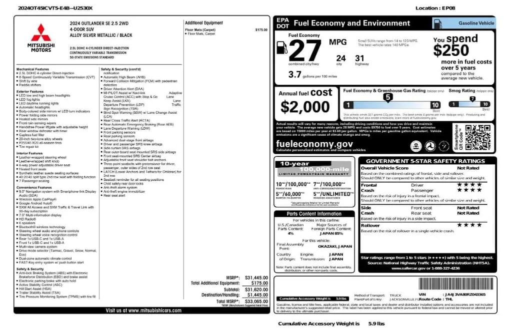 Florida Fine Cars - Used MITSUBISHI OUTLANDER 2024 MARGATE SE