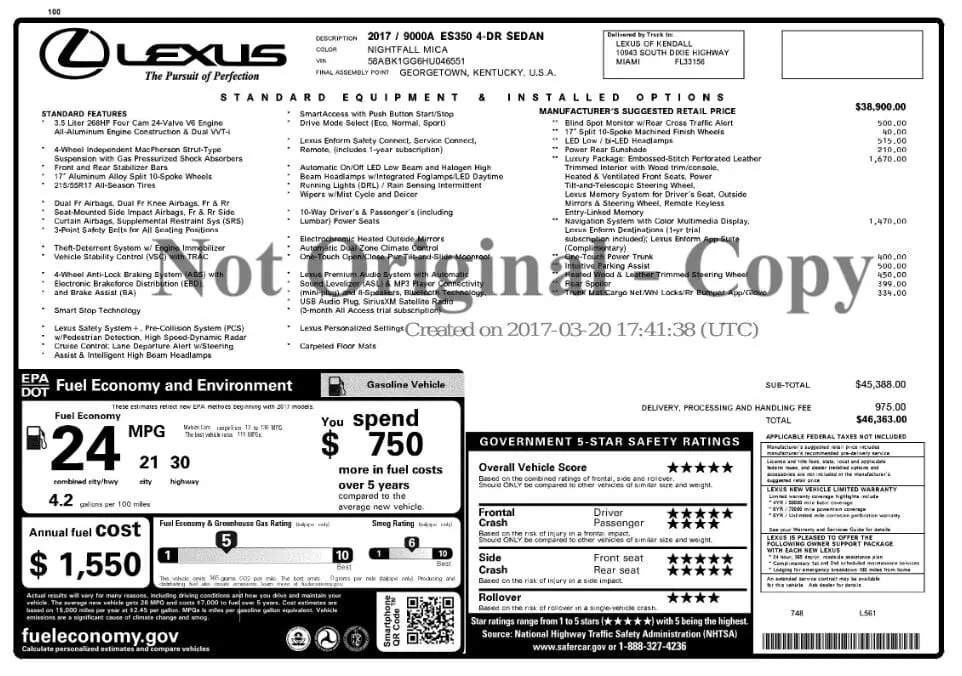 Florida Fine Cars - Used LEXUS ES 2017 MARGATE ES 350