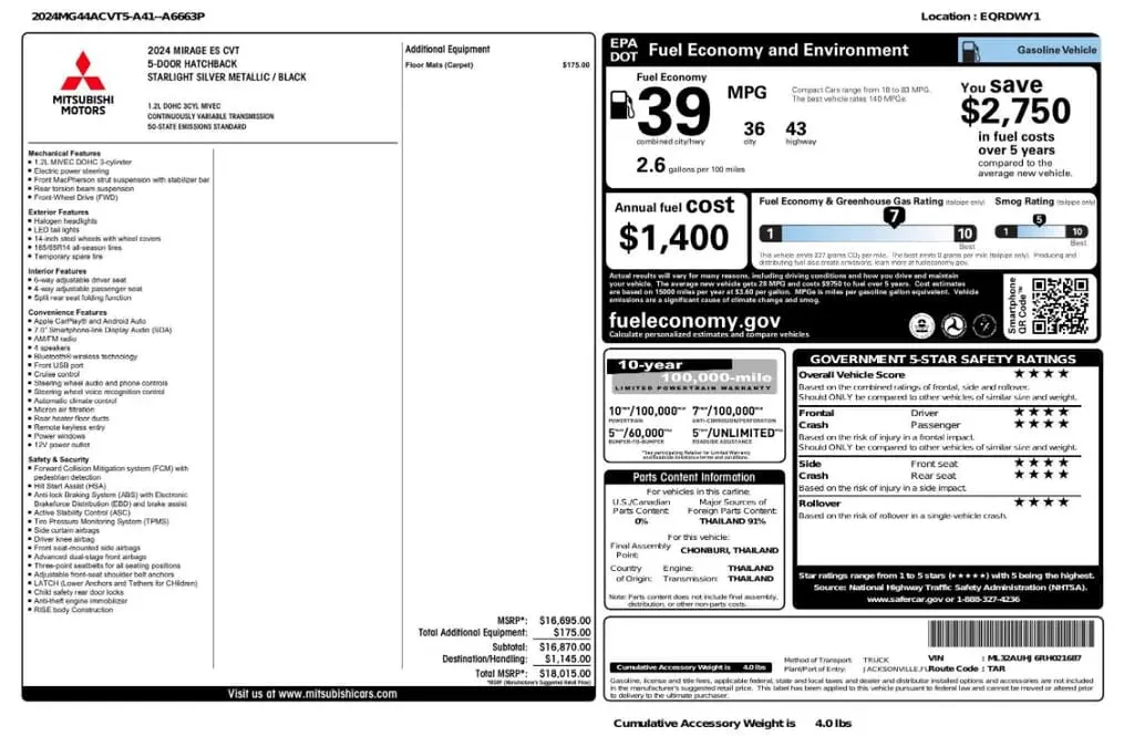 Florida Fine Cars - Used MITSUBISHI MIRAGE 2024 MARGATE ES