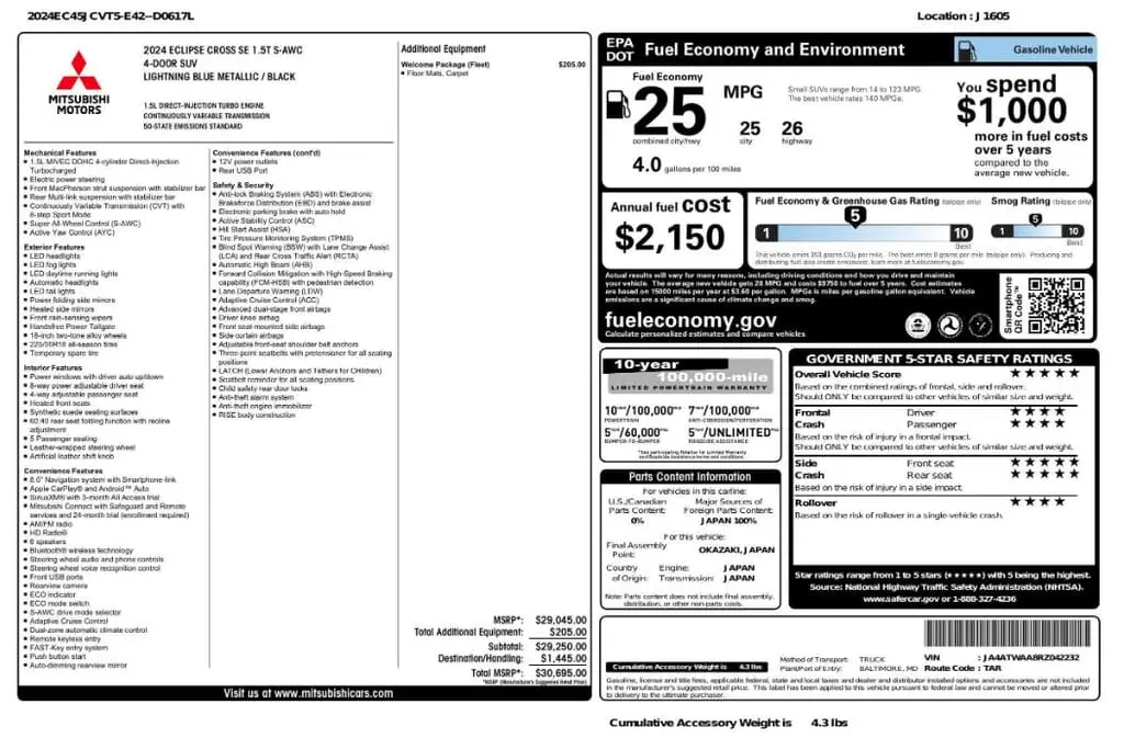 Florida Fine Cars - Used MITSUBISHI ECLIPSE CROSS 2024 MARGATE SE