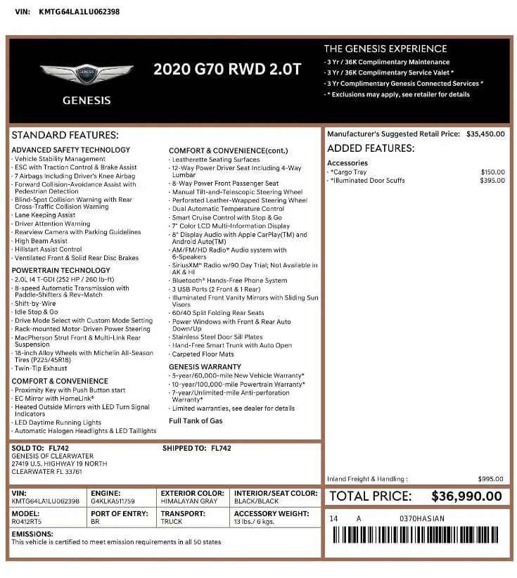 Florida Fine Cars - Used GENESIS G70 2020 MARGATE 2.0T