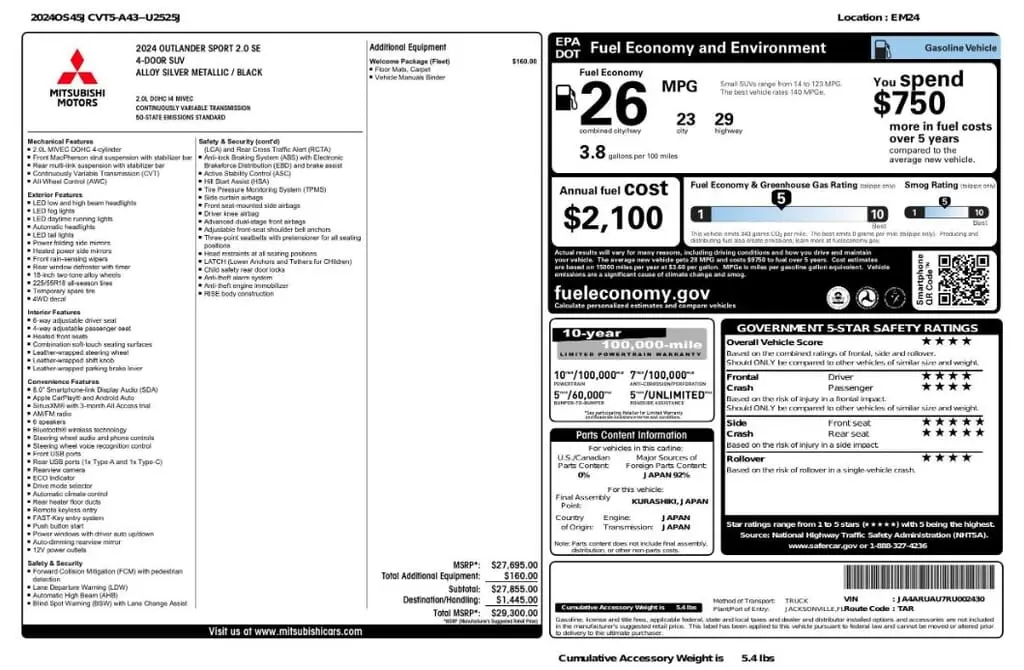 Florida Fine Cars - Used MITSUBISHI OUTLANDER SPORT 2024 MARGATE SE