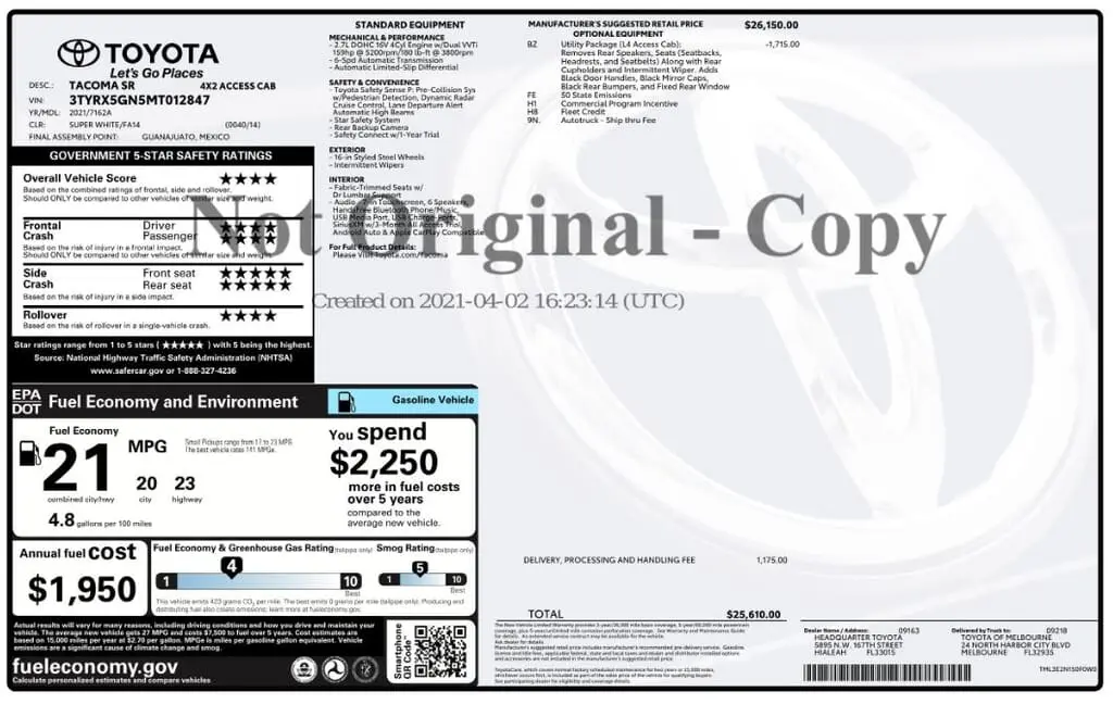 Florida Fine Cars - Used TOYOTA TACOMA 2WD 2021 MARGATE SR